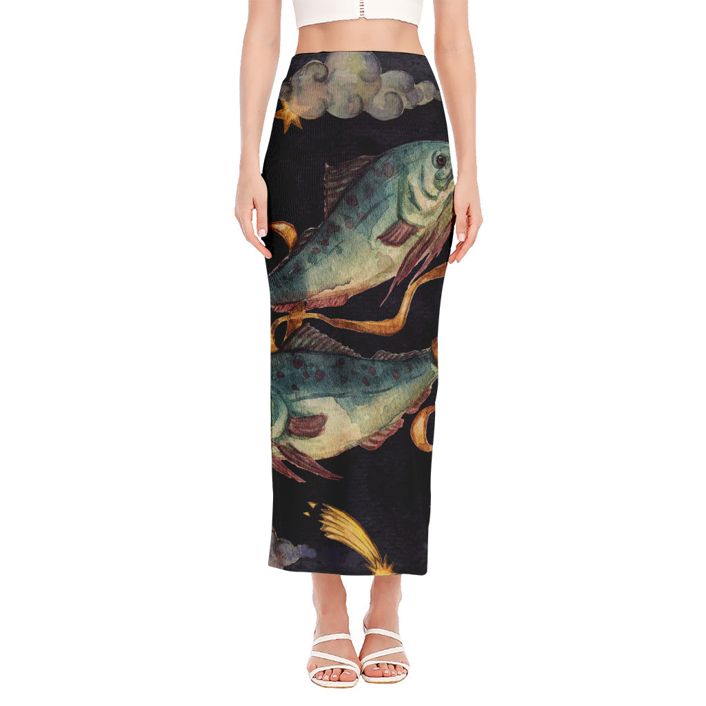 Watercolor Pisces Zodiac Sign Print Side Slit Maxi Skirt