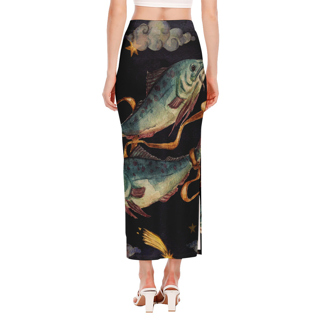 Watercolor Pisces Zodiac Sign Print Side Slit Maxi Skirt