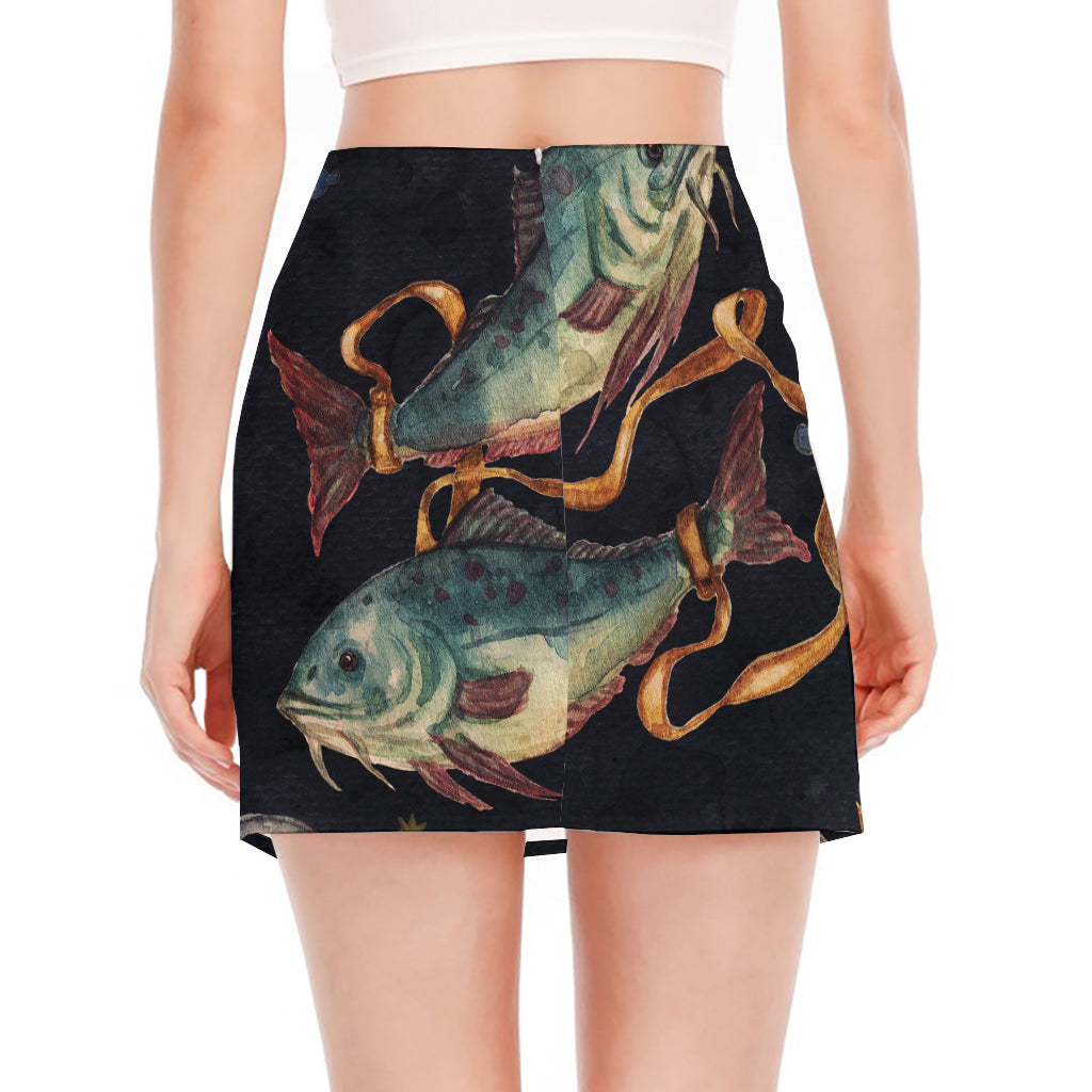 Watercolor Pisces Zodiac Sign Print Side Slit Mini Skirt