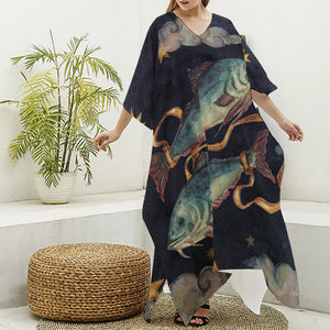 Watercolor Pisces Zodiac Sign Print Silk V-Neck Kaftan Dress