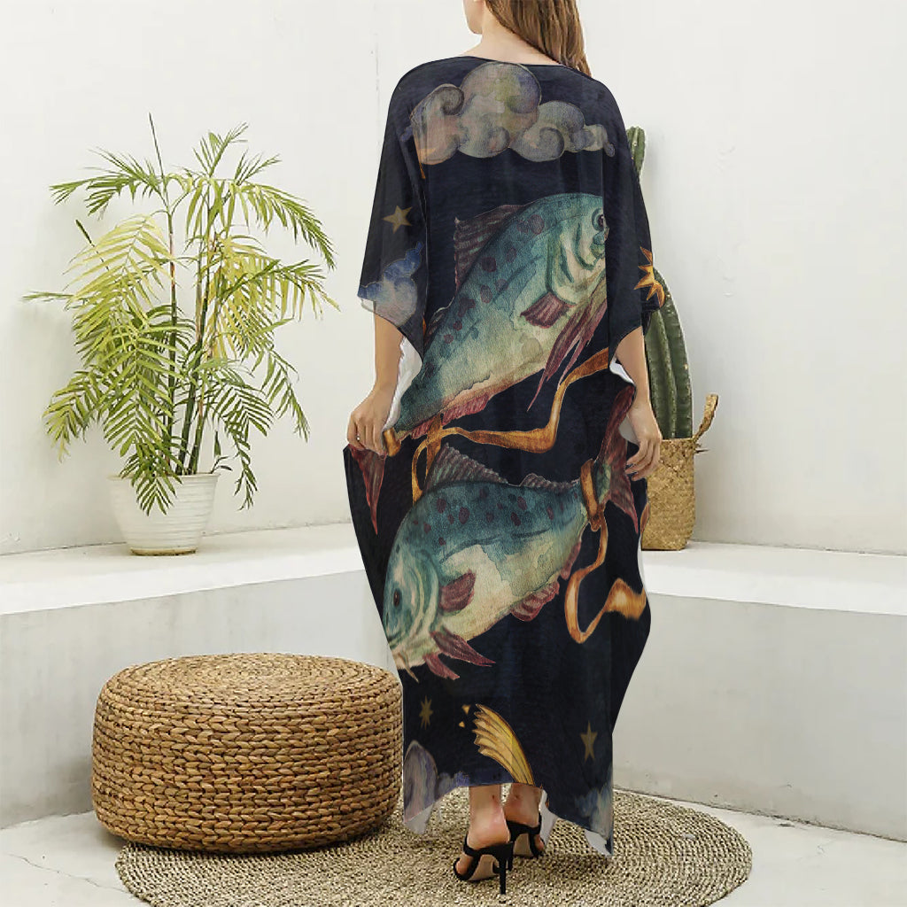 Watercolor Pisces Zodiac Sign Print Silk V-Neck Kaftan Dress