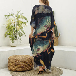 Watercolor Pisces Zodiac Sign Print Silk V-Neck Kaftan Dress