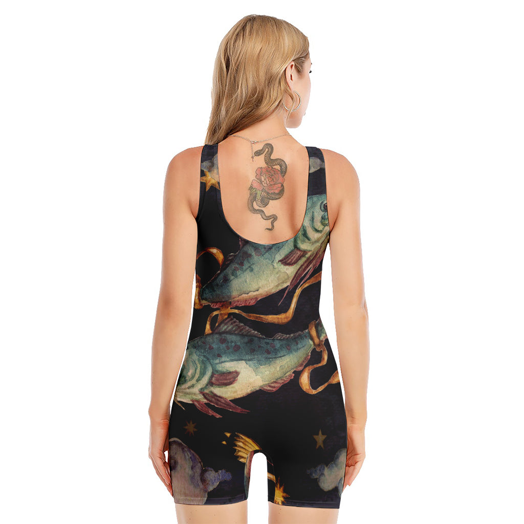 Watercolor Pisces Zodiac Sign Print Sleeveless One Piece Swimsuit