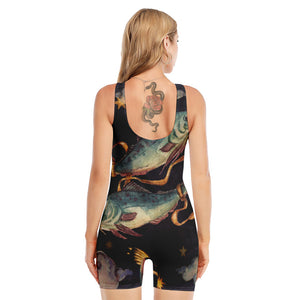 Watercolor Pisces Zodiac Sign Print Sleeveless One Piece Swimsuit