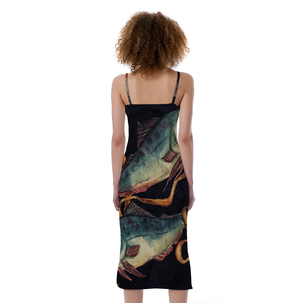 Watercolor Pisces Zodiac Sign Print Slim Fit Midi Cami Dress