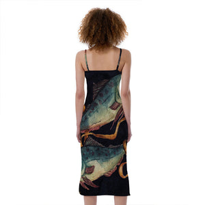 Watercolor Pisces Zodiac Sign Print Slim Fit Midi Cami Dress