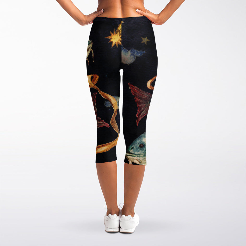 Watercolor Pisces Zodiac Sign Print Women's Capri Leggings