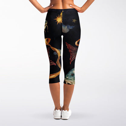 Watercolor Pisces Zodiac Sign Print Women's Capri Leggings