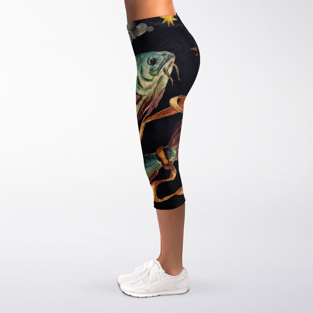 Watercolor Pisces Zodiac Sign Print Women's Capri Leggings
