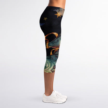 Watercolor Pisces Zodiac Sign Print Women's Capri Leggings