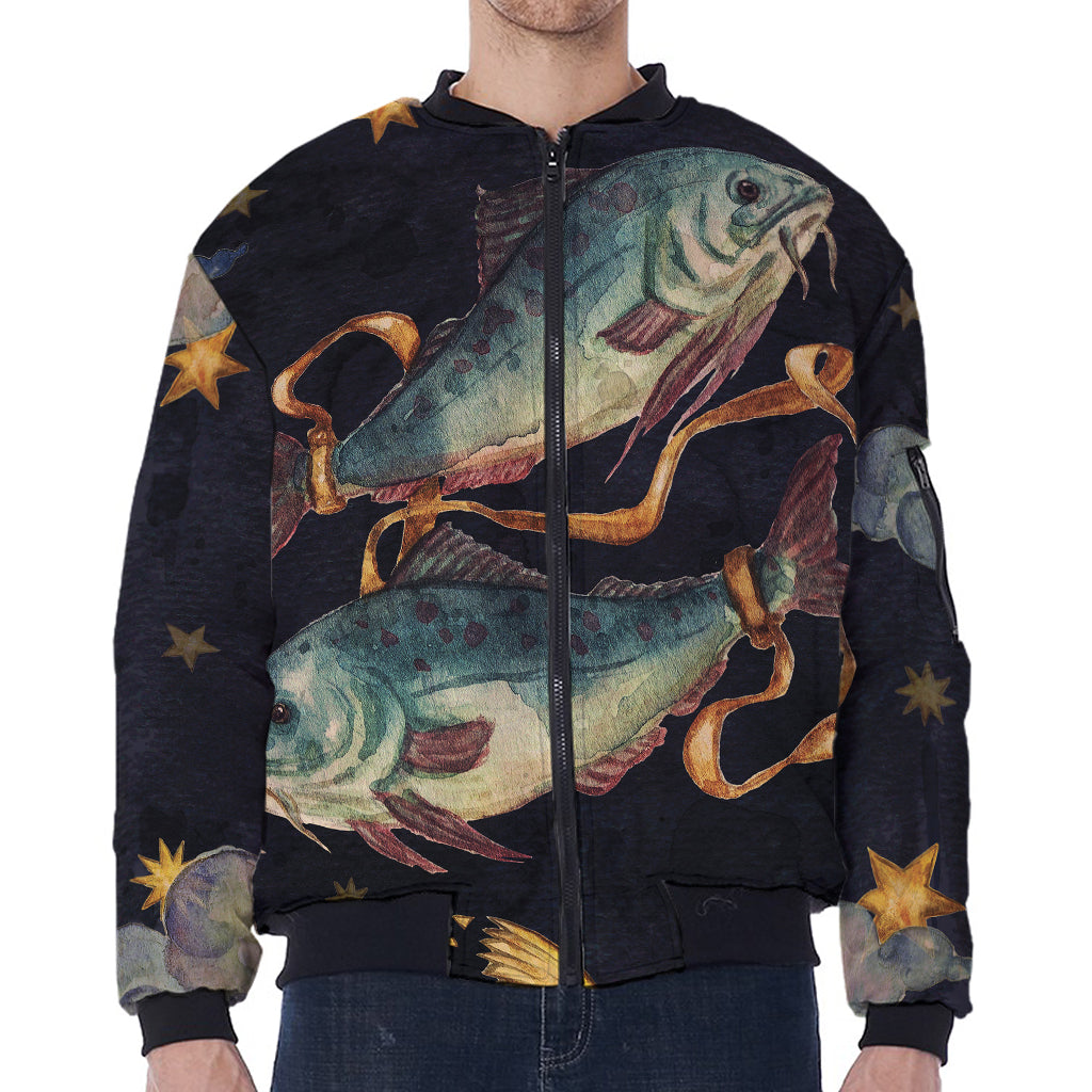 Watercolor Pisces Zodiac Sign Print Zip Sleeve Bomber Jacket