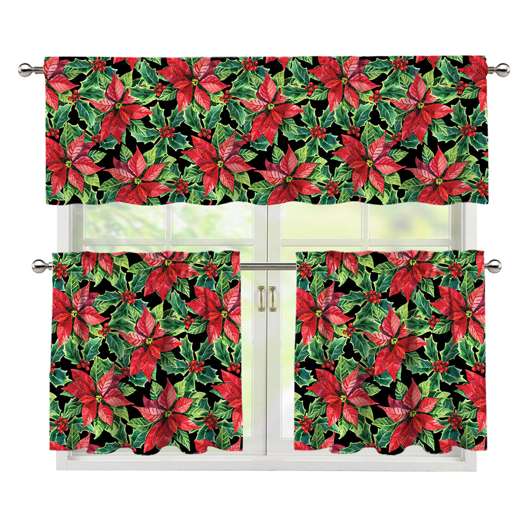 Watercolor Poinsettia Pattern Print 3 Piece Kitchen Curtains