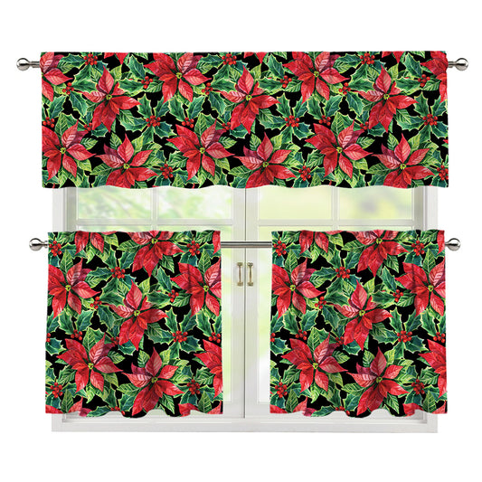 Watercolor Poinsettia Pattern Print 3 Piece Kitchen Curtains