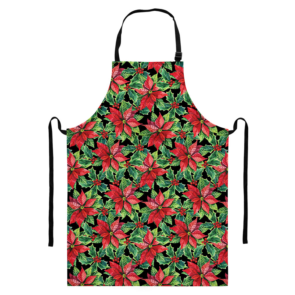 Watercolor Poinsettia Pattern Print Bib Apron With Pocket