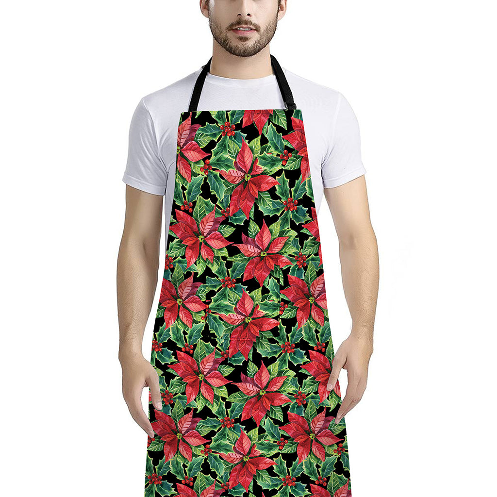 Watercolor Poinsettia Pattern Print Bib Apron With Pocket