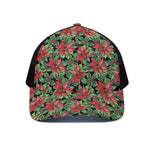 Watercolor Poinsettia Pattern Print Black Mesh Trucker Cap