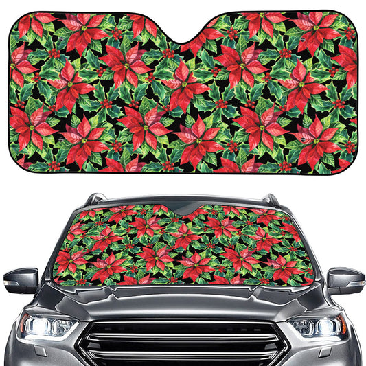 Watercolor Poinsettia Pattern Print Car Windshield Sun Shade