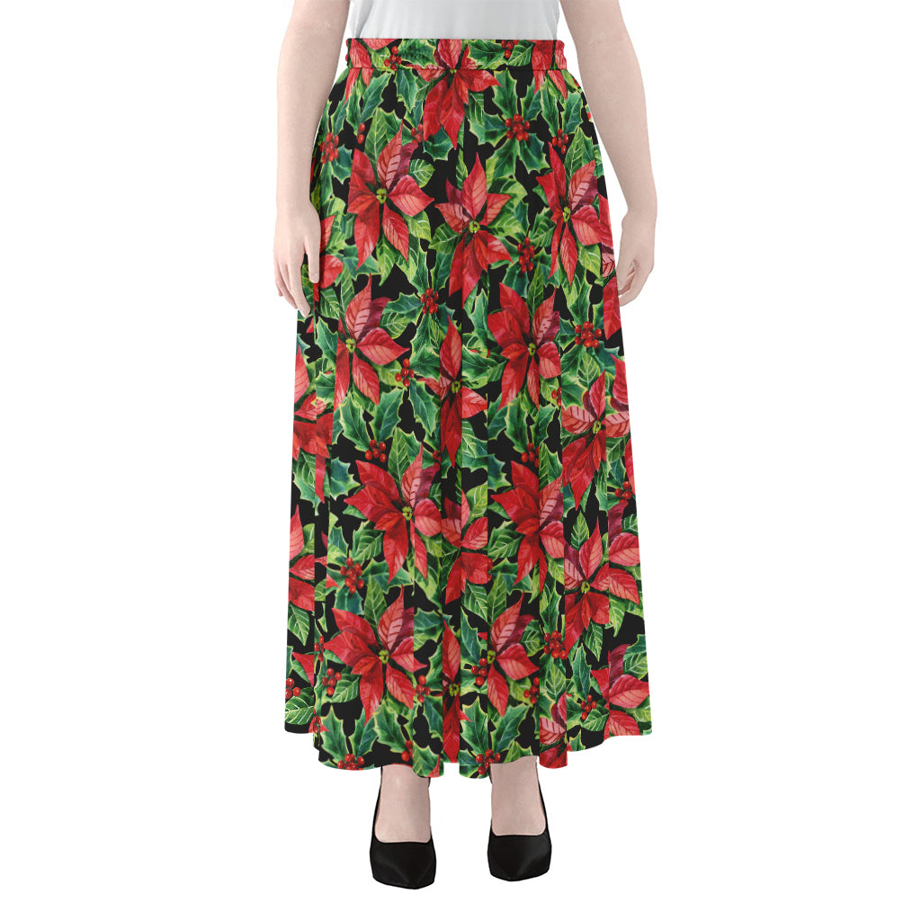 Watercolor Poinsettia Pattern Print Chiffon Maxi Skirt