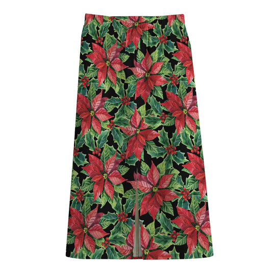 Watercolor Poinsettia Pattern Print Cotton Front Slit Maxi Skirt