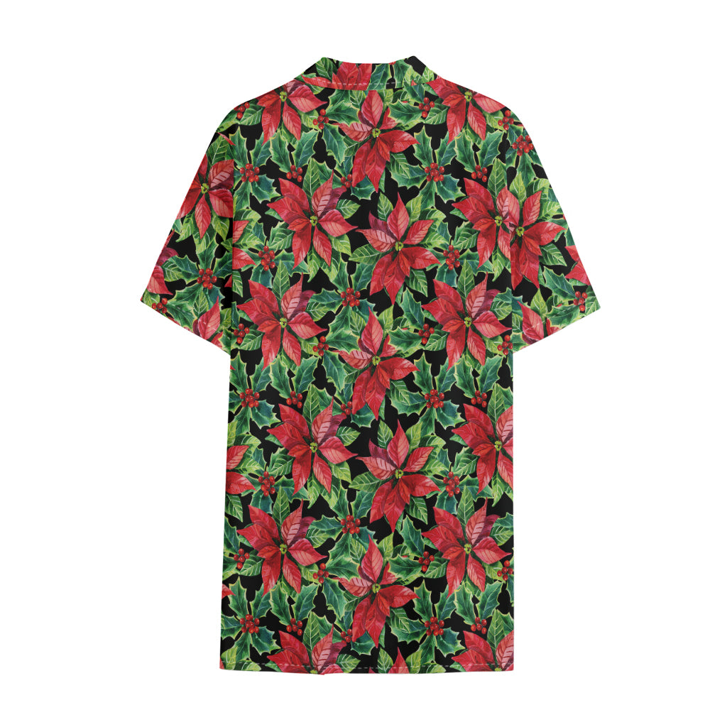 Watercolor Poinsettia Pattern Print Cotton Hawaiian Shirt