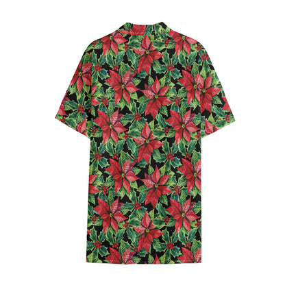 Watercolor Poinsettia Pattern Print Cotton Hawaiian Shirt