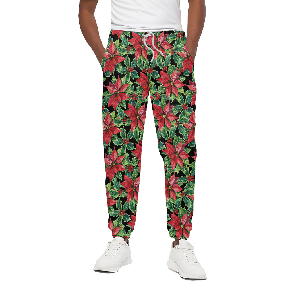Watercolor Poinsettia Pattern Print Cotton Pants