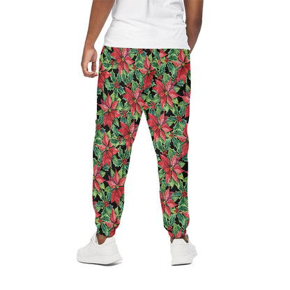 Watercolor Poinsettia Pattern Print Cotton Pants