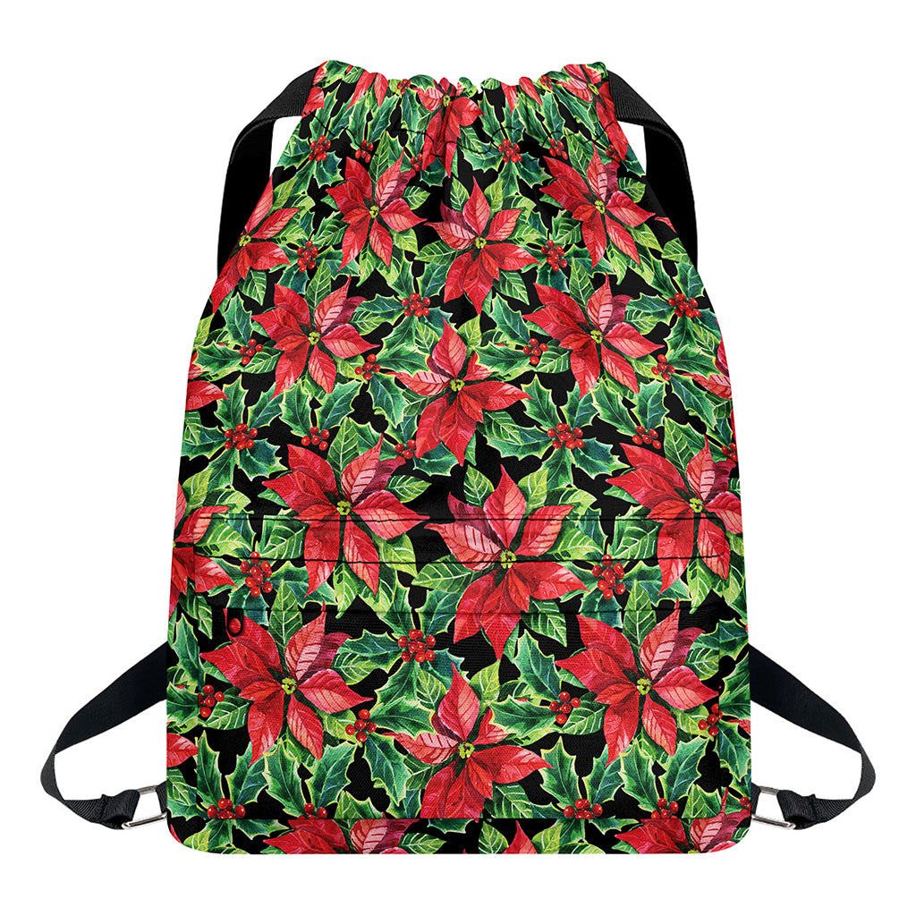 Watercolor Poinsettia Pattern Print Drawstring Backpack