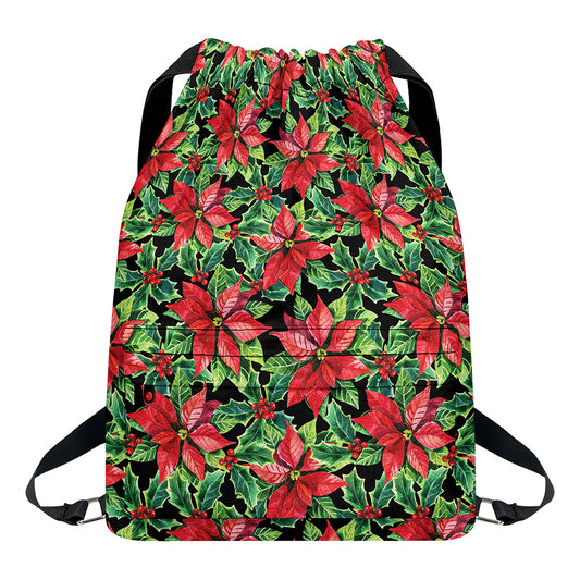 Watercolor Poinsettia Pattern Print Drawstring Backpack