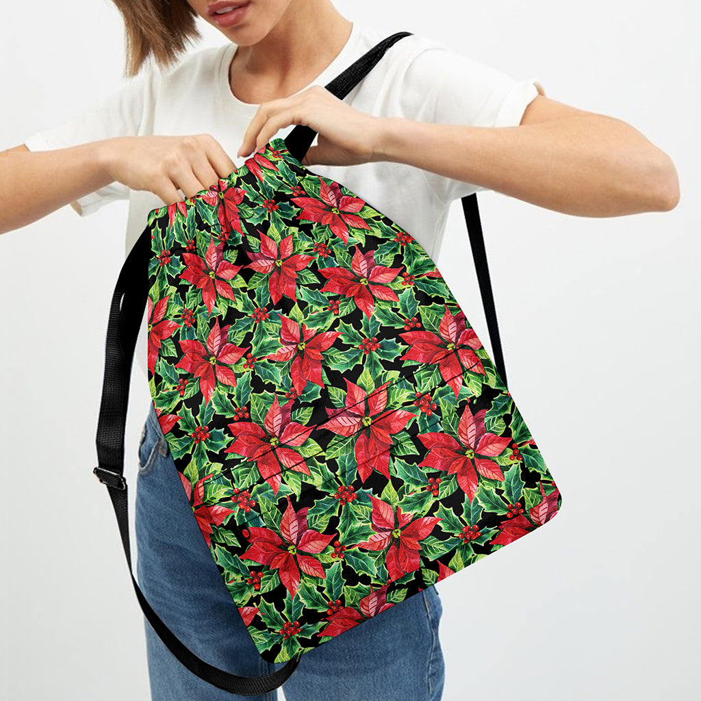 Watercolor Poinsettia Pattern Print Drawstring Backpack