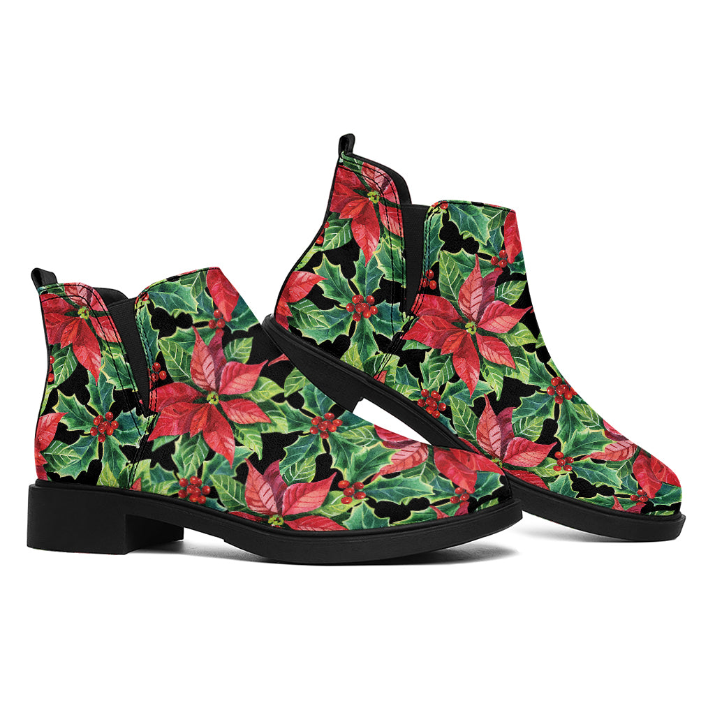 Watercolor Poinsettia Pattern Print Flat Ankle Boots