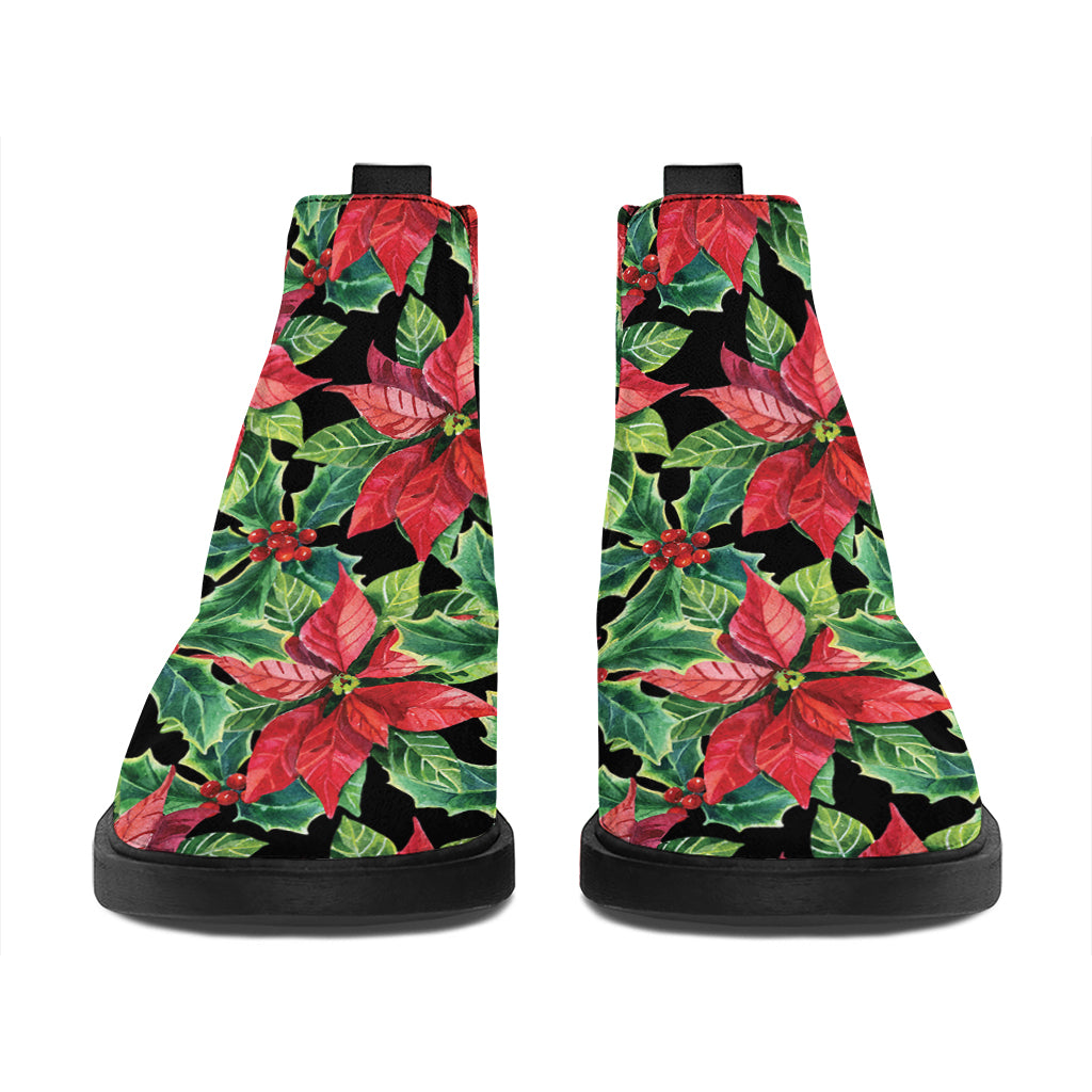 Watercolor Poinsettia Pattern Print Flat Ankle Boots