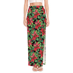 Watercolor Poinsettia Pattern Print High Slit Maxi Skirt