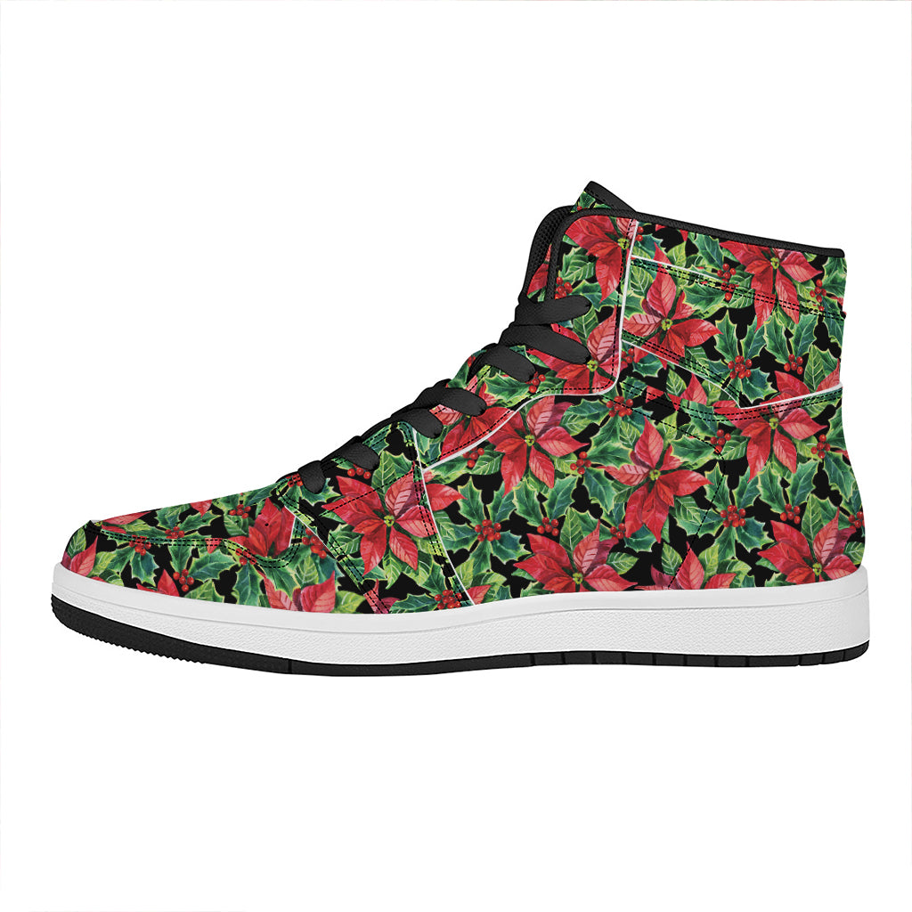 Watercolor Poinsettia Pattern Print High Top Leather Sneakers