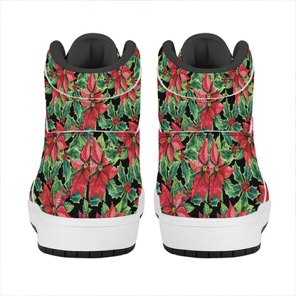 Watercolor Poinsettia Pattern Print High Top Leather Sneakers