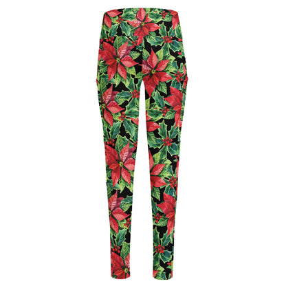 Watercolor Poinsettia Pattern Print High-Waisted Pocket Leggings
