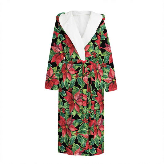 Watercolor Poinsettia Pattern Print Hooded Bathrobe