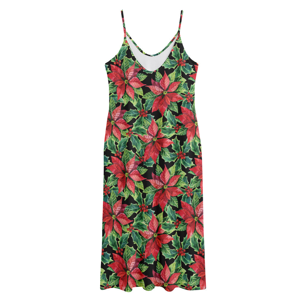 Watercolor Poinsettia Pattern Print Jersey Midi Cami Dress