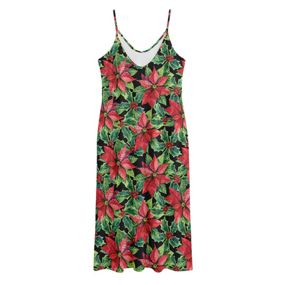 Watercolor Poinsettia Pattern Print Jersey Midi Cami Dress