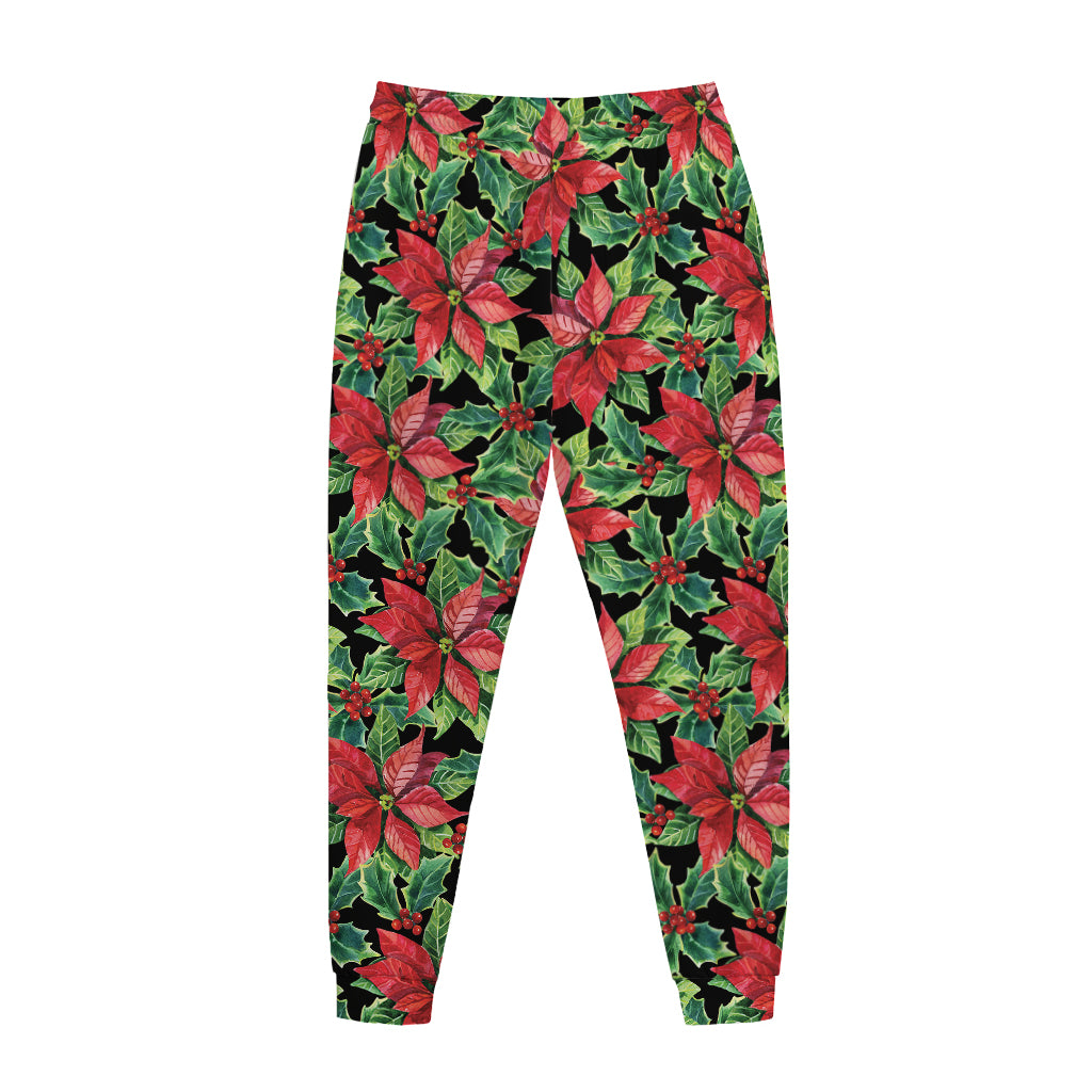 Watercolor Poinsettia Pattern Print Jogger Pants