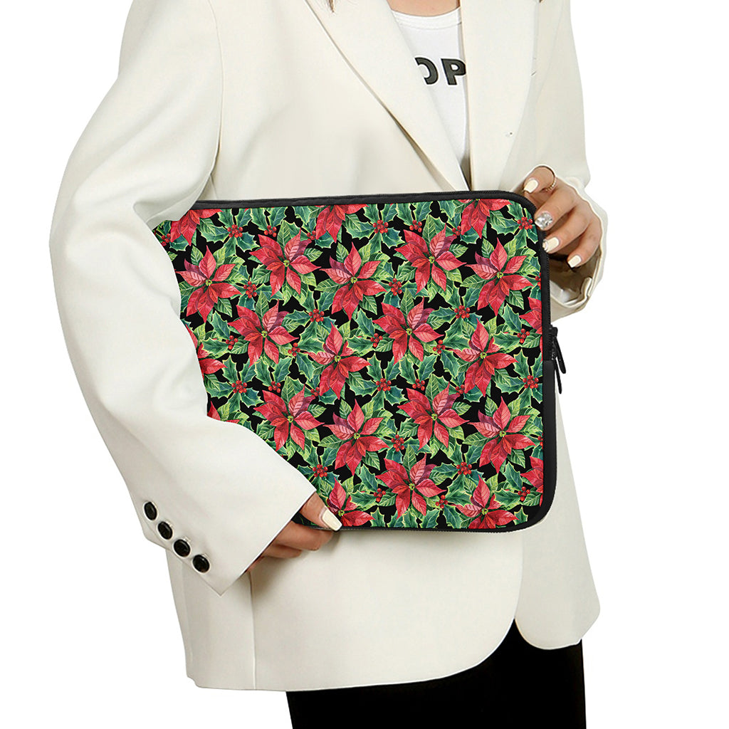 Watercolor Poinsettia Pattern Print Laptop Sleeve