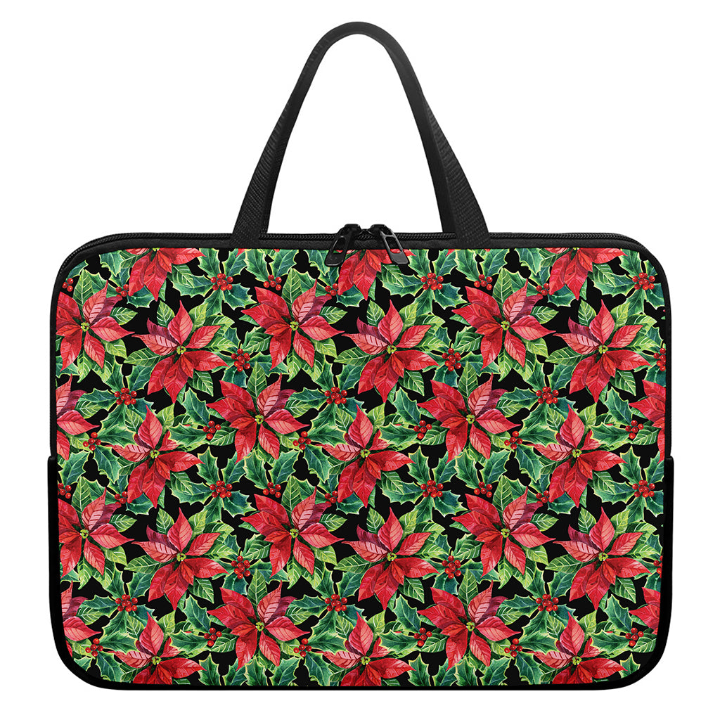 Watercolor Poinsettia Pattern Print Laptop Sleeve With Handle