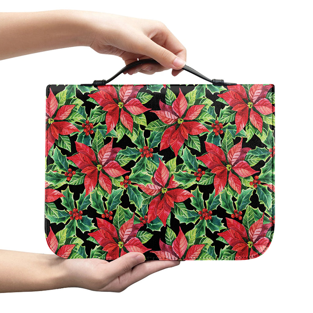 Watercolor Poinsettia Pattern Print Leather Bible Cover