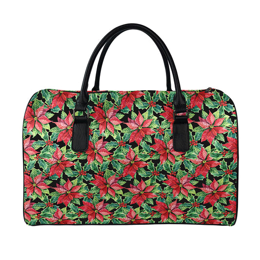 Watercolor Poinsettia Pattern Print Leather Duffle Bag