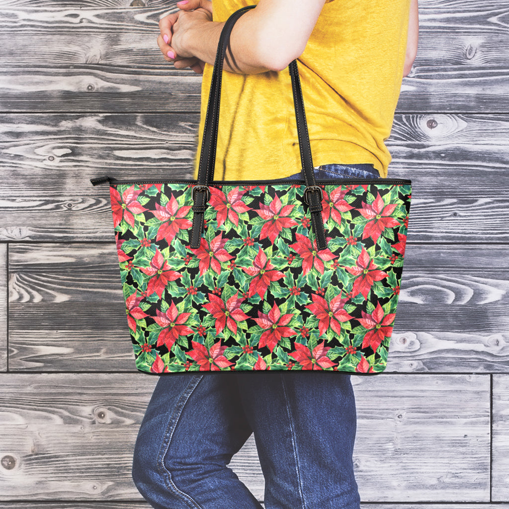 Watercolor Poinsettia Pattern Print Leather Tote Bag