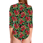 Watercolor Poinsettia Pattern Print Long Sleeve Swimsuit