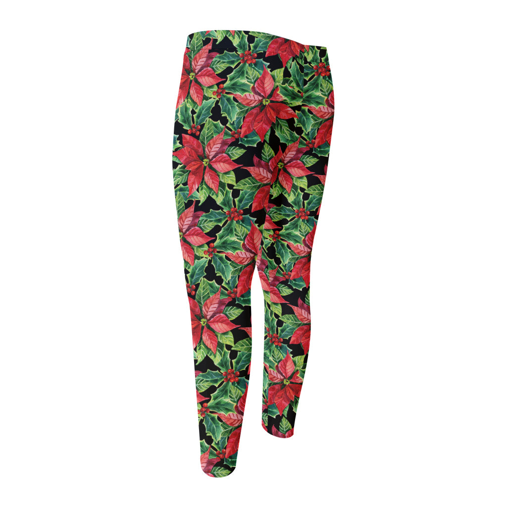 Watercolor Poinsettia Pattern Print Men's Compression Pants
