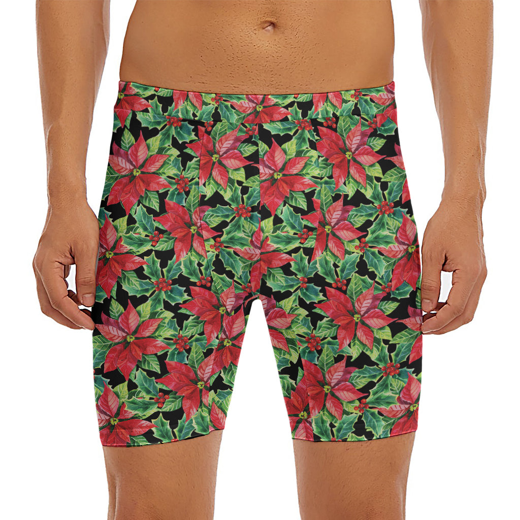 Watercolor Poinsettia Pattern Print Men's Long Boxer Briefs