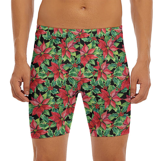Watercolor Poinsettia Pattern Print Men's Long Boxer Briefs