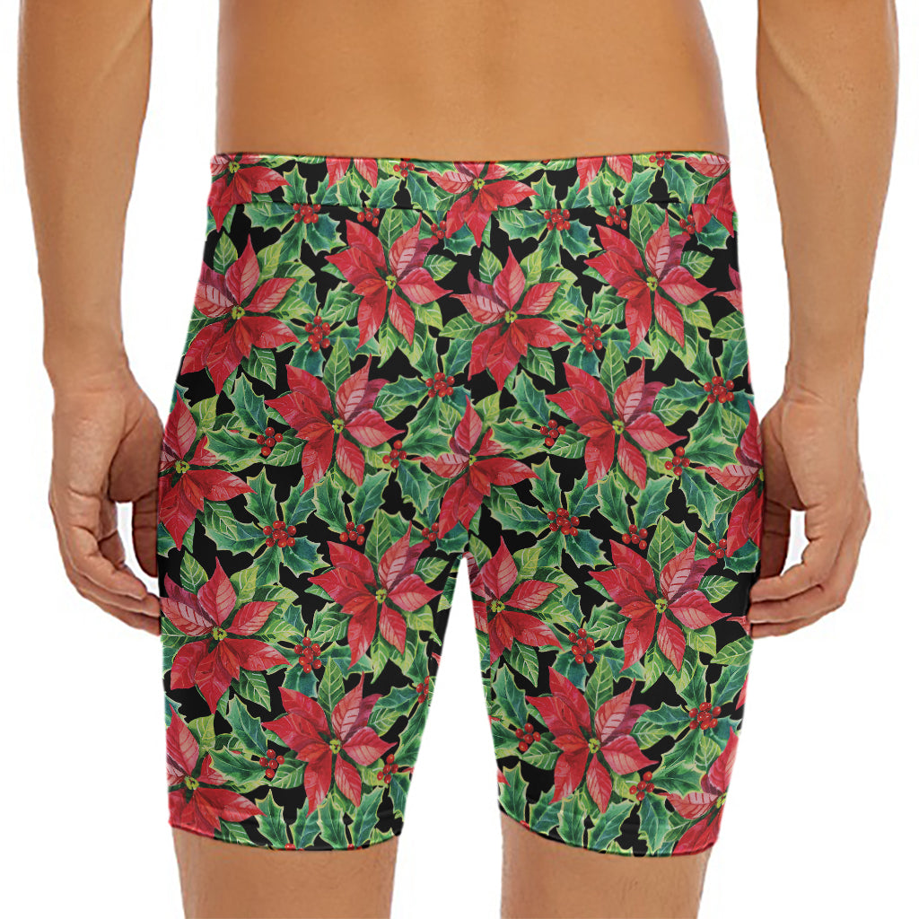 Watercolor Poinsettia Pattern Print Men's Long Boxer Briefs